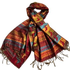 100% Pashmina SCARF Wrap LLamas Red Blue Gold Woven 26" x 67"